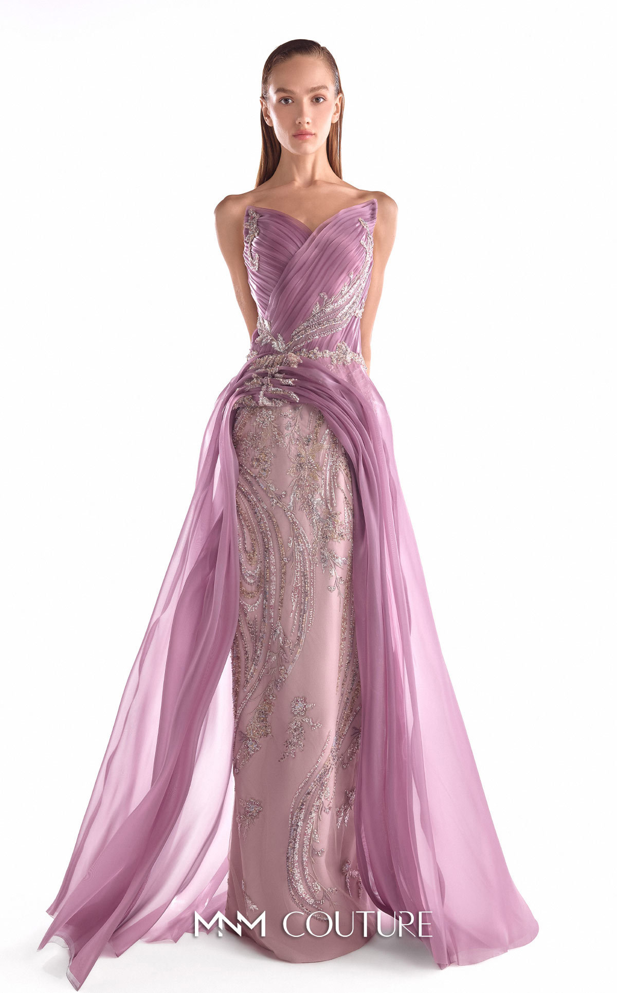 MNM Couture G2131 Old rose floral lace evening gown with an angular bust, pleated bodice, and fluid sweeping organza train.| MNM Couture.